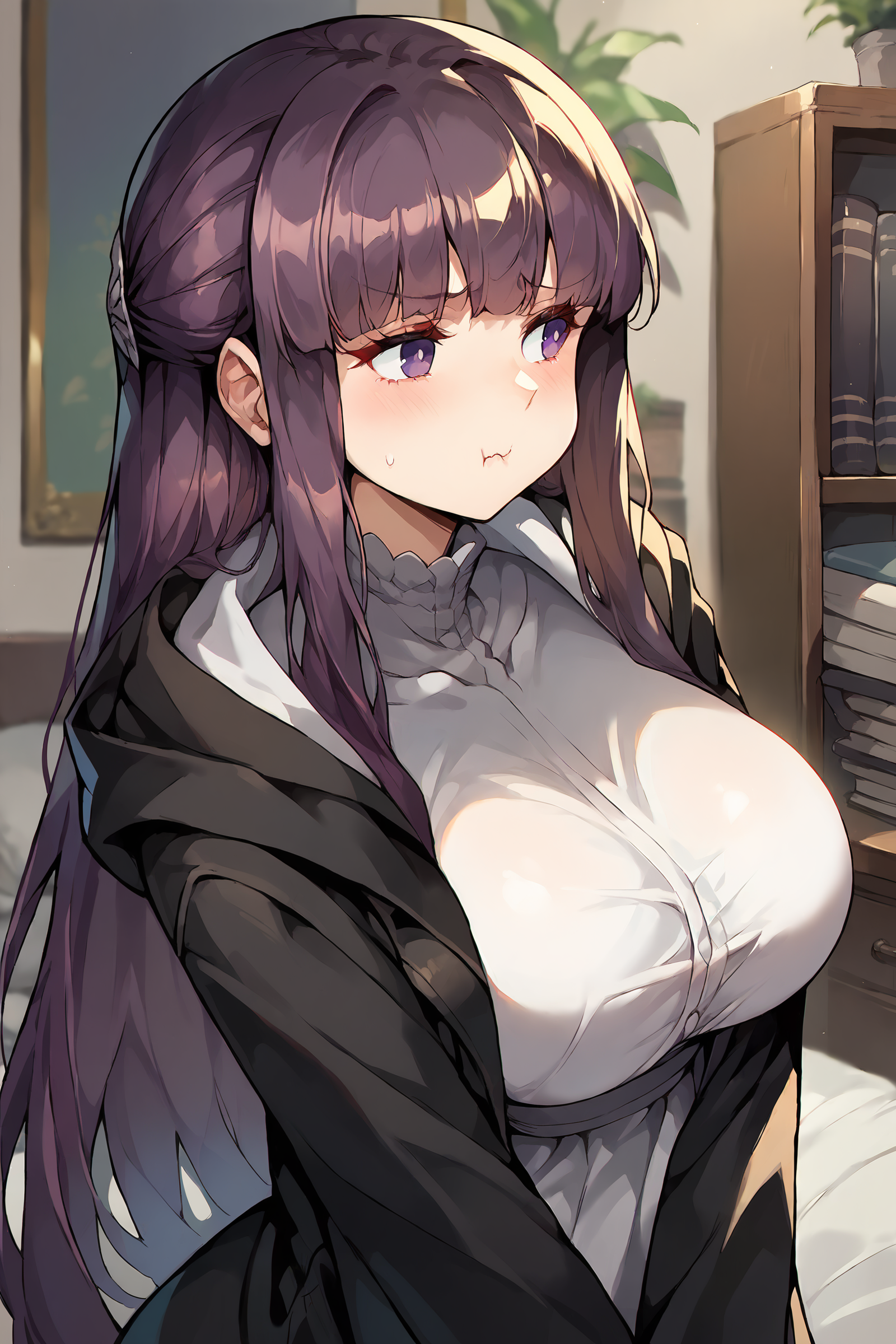 1girl, fern \(sousou no frieren\),  solo, large breasts, black coat, long white dress, cowboy shot, breasts squeezed together , v arms, large breasts, pout, :t, looking to the side, blush, bedroom, depth of field , score_9, score_8_up, score_7_up,  <lora:Char-Fern-V1-Pony:1>, <lora:urushihara-lora04_PonyXL:0.5> <lora:Expressive_H:0.2>