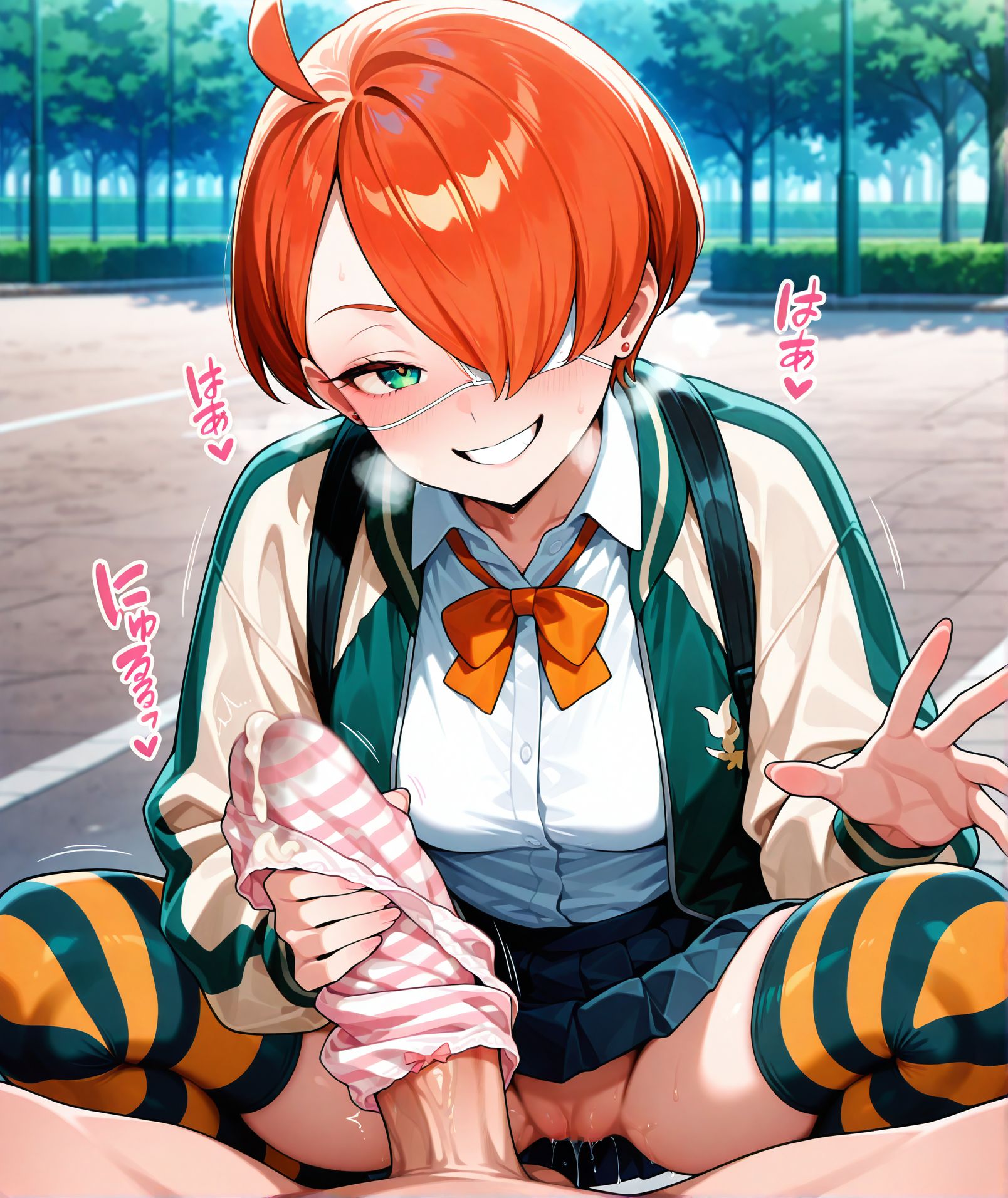 <lora:add-detail-xl:0.5>,,masterpiece, best quality, newest, absurdres, highres, detailed eyes, beautiful, detailed background, perfect eyes, anime coloring, anime screencap,
<lora:Holding_panties:0.3>Holding_pantiesV1,
1girl,underwear,panties,looking at viewer,  
 5fingers,1boy, hetero, squatting, pussy juice, 
pussy, spread legs, panty on penis, male public hair,
handjob, unworn panties, huge penis,sound effects, 
(motion lines, motion blur),  naughty face,
handjob with both hands,heavy breathing, cum on panties, 
<lora:handjob_Reach-around:0.8>handjob_V1, (pantyjob),
panties handjob,
park, outdoors, 
<lora:Kuin Hachisuka illu:1> 1girl, short hair, orange hair, green eyes, white eyepatch, hair over one eye, school uniform,  pleated skirt, white shirt, jacket, jewelry,collared shirt, long sleeves, striped thighhighs,
20YO, milf,adult,