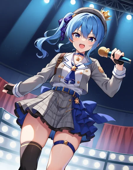 score_9, score_8_up, score_7_up, source_anime,
suiseihoshimachi, <lora:suisei-hoshimachi-ponyxl-lora-nochekaiser:1>
suisei hoshimachi, blue eyes, blue hair, choker, hair between eyes, medium hair, side ponytail, star choker,
ascot, asymmetrical legwear, belt, beret, black gloves, blue ascot, blue belt, blue bow, blue choker, bow, buttons, choker, collared shirt, crown, gloves, grey headwear, grey jacket, grey skirt, hat, jacket, jewelry, kneehighs, long sleeves, miniskirt, mismatched legwear, partially fingerless gloves, pendant, plaid, plaid jacket, plaid skirt, shirt, single kneehigh, single sock, skirt, skirt set, socks, star choker, star print, thigh strap, uneven legwear, white shirt,
indoors, stage, stage lighting, microphone, singing, holding microphone, open mouth,
looking at viewer, dutch angle, cowboy shot,