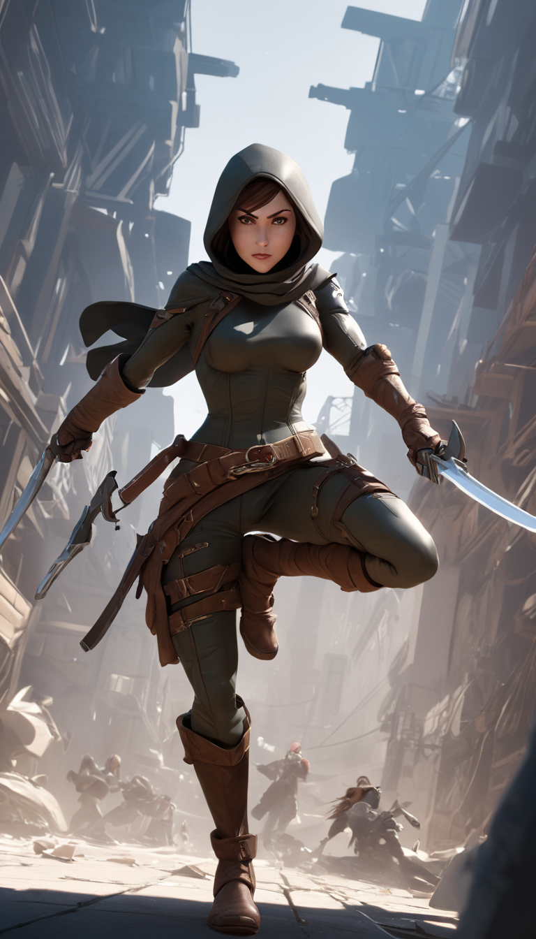 Cinematic scene, hero view, female rogue, action pose, detailed background, masterpiece, best quality, high quality, absurdres <lora:steampunk_xl_v1:1>