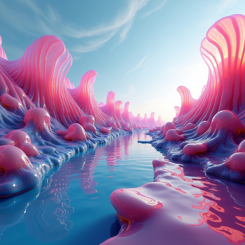 A surreal dreamscape composed entirely of liquid glass, with amorphous, flowing forms that constantly shift and change. The terrain is a mesmerizing blend of vibrant colors that mirror and refract light in breathtaking ways. Fluid sculptures and abstract shapes rise and fall, creating an ever-changing landscape. The sky is an otherworldly gradient, with swirling patterns that add to the dreamlike quality of the scene.