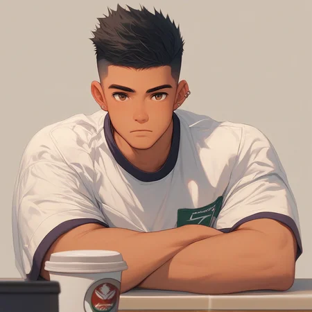 aaFLAm1n1,B0Y1A1, score_9,score_8_up,score_7_up,athlete,1boy,solo,young,look at viewer, purple volleyball uniform, ear piercing, undercut black hair, hunter eyes, arrogant,brown eyes, sitting at french outdoor coffee shop, head resting on hand, white background, best aesthetics, open white shirt, chests,