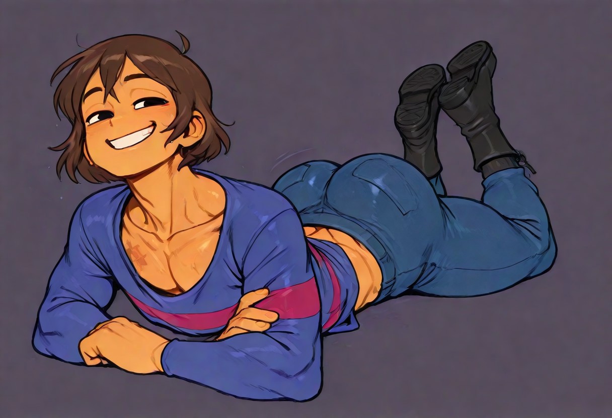 score_9, score_8_up, score_7_up, masterpiece, best quality, vermis, lora:doppel:1> d0pp3l, 1boy, solo, Frisky_Underhertail, brown hair, colored skin, yellow skin, ass, thighs, strong legs, defined chest, strong arms, smile, light smile, closed mouth, socks, black socks, striped socks, grin, full body, sweaty body, skinny body, toned body, solid body, body marked by clothing, light muscles, marked muscles, lying, lying on floor, lying on stomach, blue pants, shirt, striped shirt, long-sleeved shirt, boots, black boots, black eyes, looking at the viewer, dark purple background, simple background