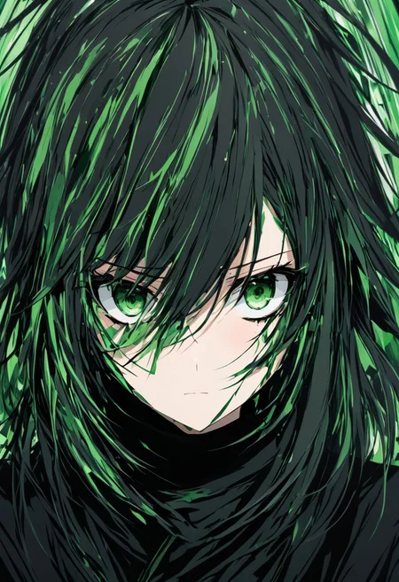 abstract portrait of 1girl,fragmented visual style,green and black color palette,evokes feelings of rebellion,passion,and freedom,blurred boundaries,scared, eyes wide,worried, afraid