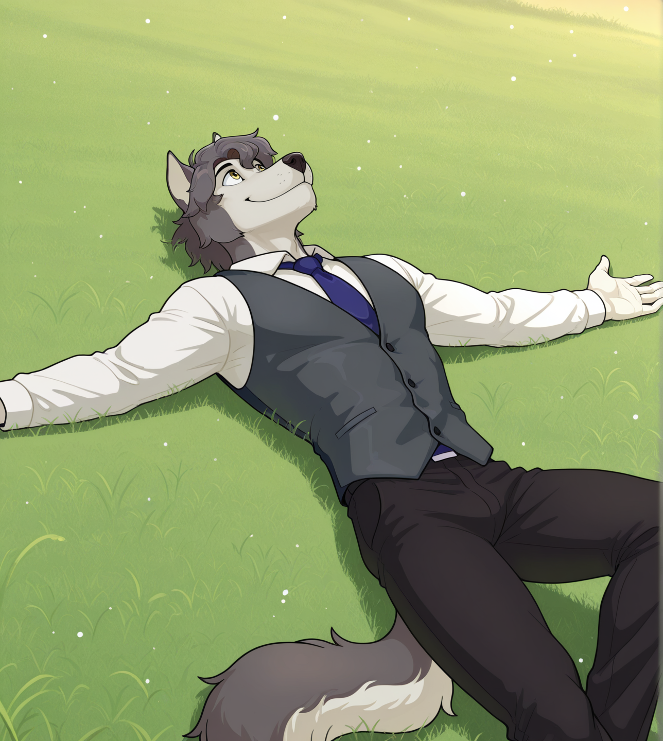 (solo), anthro, male, shirt, dark pants, vest, yellow eyes, smile, pose, posing, pinup, sexy pose, lying, on back, grass, particles, looking to the sky, looking up, spread arms, 
BREAK masterpiece, best quality, amazing quality, very aesthetic, high resolution, ultra-detailed, absurd res, newest, scenery,  <lora:Rask:1> rask