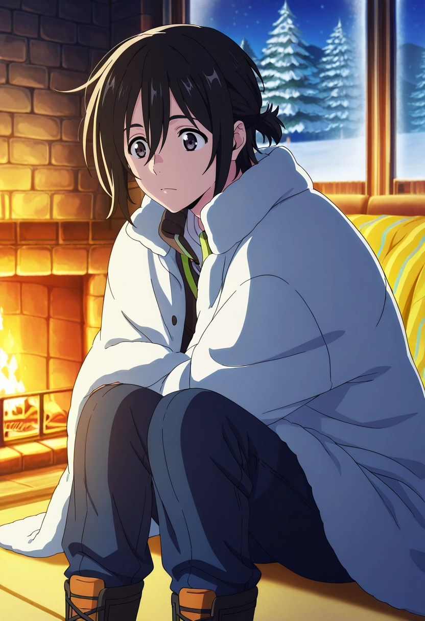 masterpiece, best quality, anime screencap, official style, anime coloring, cowboy shot, 1boy, solo, male focus, <lora:mio_chibana_ilxl:0.92>, mio_chibana, black hair, black eyes, short hair, hair between eyes, short ponytail, ski lodge, crackling fireplace, snowy windows, cozy blankets, sitting pose, content expression, winter warmth, Convertible cargo pants, Dress vest, Work boots, , Haversack
