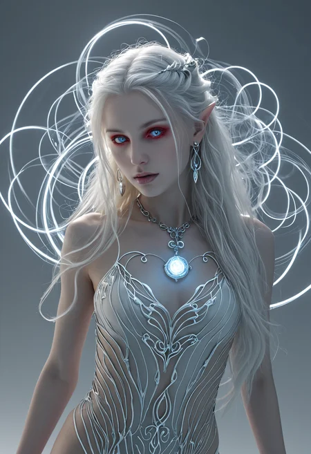 professional 3d model <lora:ul0px:1>,ul0px,(dress, jewelry, necklace, earrings, fantasy art),<lora:Beeple_holography:1>,Beeple,(holography, volumetric lights, scenery, aura:1.3),, (Height, Tall and statuesque, 6 feet (183 cm), imposing and regal presence:1), (Build, Slim and athletic, lithe, graceful figure, elven agility and warrior training, ethereal elegance:1), (Hair, Long, silvery-white or pale blonde hair, hair flows loosely, windswept or untamed hair, ghostly and otherworldly aura:1), (Eyes, Glowing red or pale blue eyes, eyes are intense and piercing, radiating malice, sorrow, and a fiery determination:1), (Skin, Pale and ashen, with a grayish hue, undead:1), (skin has a smooth, almost porcelain-like texture, but it appears lifeless and cold:1),, Light aura concept art, a subtle energy field or glow that surrounds a person, object, or scene, often associated with spirituality, healing, or an ethereal appearance. A glowing halo or radiant light surrounding a subject to convey divinity, mystery, or supernatural power. soft gradients, luminous effects, or pastel colors, an emanation of a person's energy field, white or golden light symbolizing purity and enlightenment, a radiant, soft glow around the subject, . octane render, highly detailed, volumetric, dramatic lighting