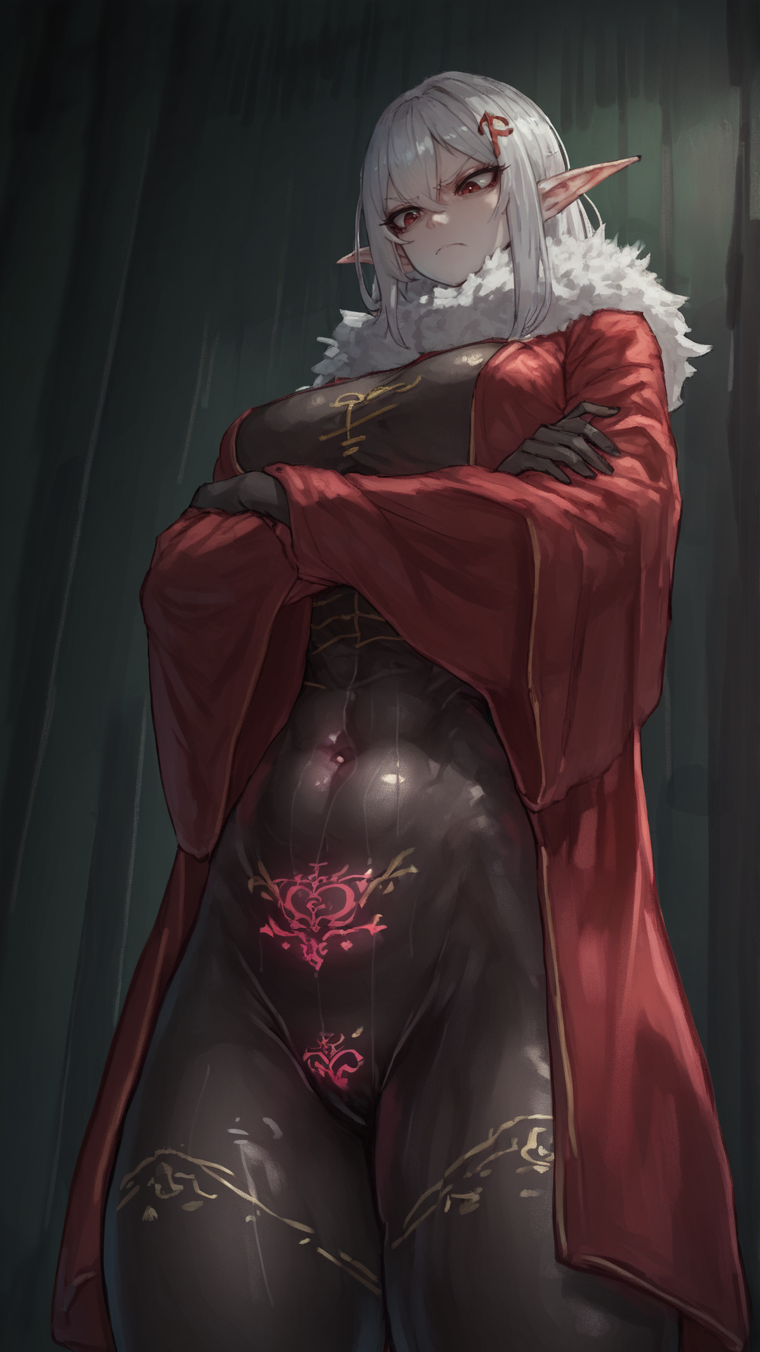 <lora:CanvasSolaris Style V2.5:1> cnvsls, elf girl, white hair, red eyes, red robe, fur collar, black bodystocking, crossed arms, looking down, arrogant, solo, low-angle view, head up, glowing womb tattoo, annoyed,, score_9, score_8_up, score_7_up, score_6_up,