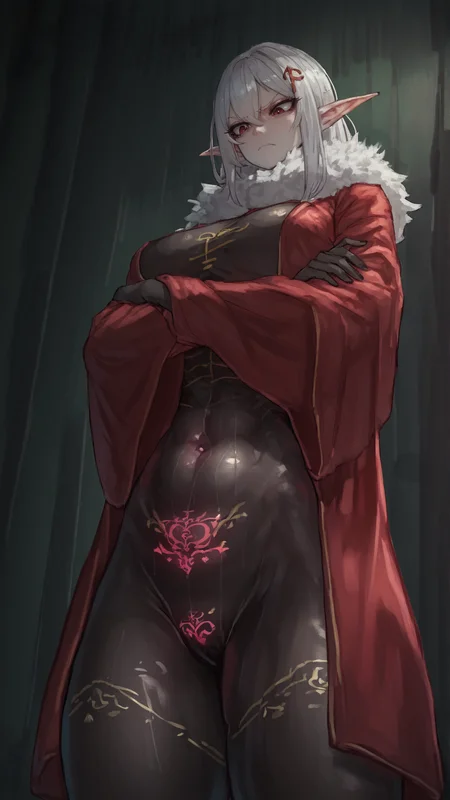 <lora:CanvasSolaris Style V2.5:1> cnvsls, elf girl, white hair, red eyes, red robe, fur collar, black bodystocking, crossed arms, looking down, arrogant, solo, low-angle view, head up, glowing womb tattoo, annoyed,, score_9, score_8_up, score_7_up, score_6_up,