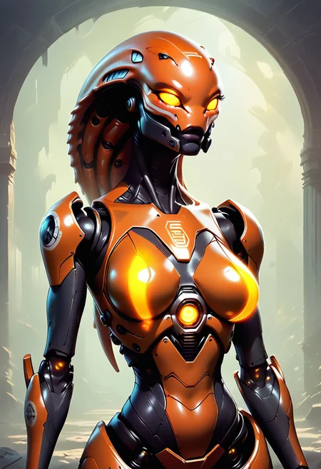 IBG, In the art style of xtrafurry, (alien:1.6), score_9_up, score_8_up, score_7_up, Expressiveh, g0thicPXL, glowing, neon, peacock spider girl ((robot body)), multi coloured colourful skin, spiky body features, long backwards pointing ears, noseless face, serious face, medium breasts, (big lips:0.6), (chrome body), metal harness and pants, brushed stainless steel accents, rim lighting, hair made of spines, robot abs, access panels, tactical clothes, (((master piece, high quality, detailed sci-fi corridor, white panels, glowing control panels, glass window to exterior, background)))