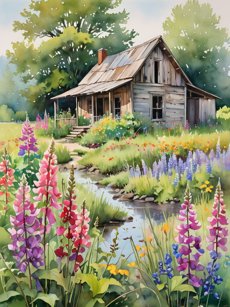 In this evocative watercolor scene, the abandoned shack is unexpectedly adorned with a wildflower garden, its untamed beauty encircling the structure like a vibrant embrace. The soft, watery hues of the flowersâranging from the delicate pinks of wild roses to the deep purples of lupinesâcreate a contrast against the shack's weathered grays and earthy browns. This garden, a riot of color amidst the greens of the surrounding wilderness, whispers stories of resilience and rebirth. The fluidity of watercolors perfectly captures the ephemeral nature of the blooms, with each petal and leaf blending seamlessly into the next, creating a dreamlike quality. Light washes of green suggest the lushness of the grass, interspersed with the vivid colors of the garden, while the nearby stream mirrors the sky's soft pastels. In this painting, the emphasis is on the juxtaposition of decay and growth, highlighting the beauty that thrives in abandonment, all rendered in the luminous, transparent layers that only watercolors can achieve
