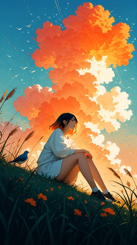 Scandinavian Style Palette, ( impressionism:1.7 ), realistic body,
1girl, sitting in grass, tall grass, a hut, from below, birds, gradient orange cloud,