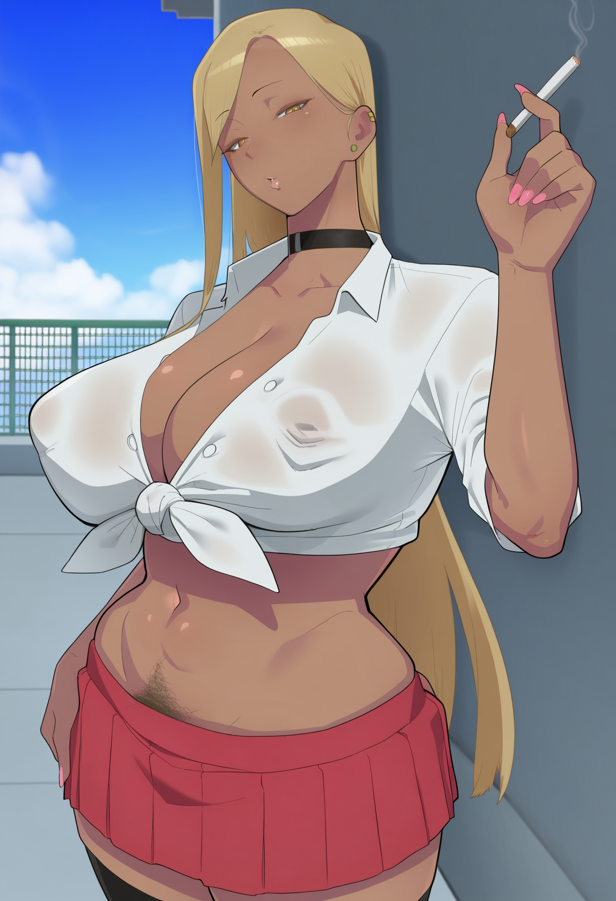 <lora:Okushima Izumo_5ty1e:1> okushima izumo_5ty1e, 1girl, solo, oi_bitch, blonde hair, gyaru, yellow eyes, choker, tied shirt, huge breasts, navel, pubic hair, fingernails, red pleated skirt, thighhighs, school, rooftop, smoking, looking at viewer, blue sky, cloud,