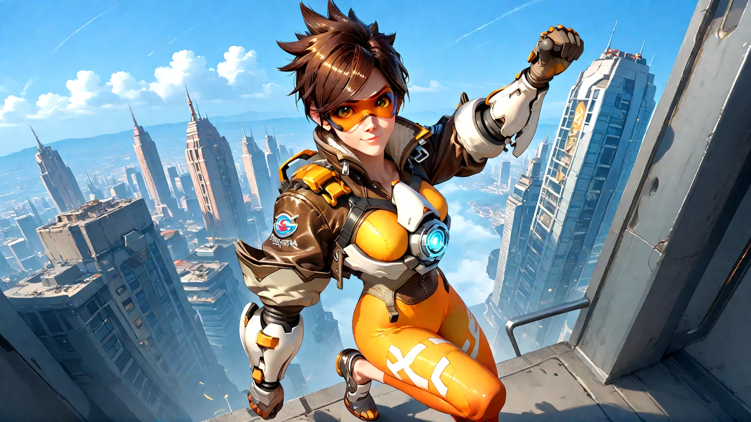 score_9,score_8_up, score_8, source_anime,
1girl, OTracer, 1girl, brown hair, brown eyes, short hair, best quality, chest harness, bomber jacket, goggles, vambraces, orange bodysuit, tight pants, shoes, cheeky smile, sky, sunlight, cyberpunk city, full body, dynamic pose,