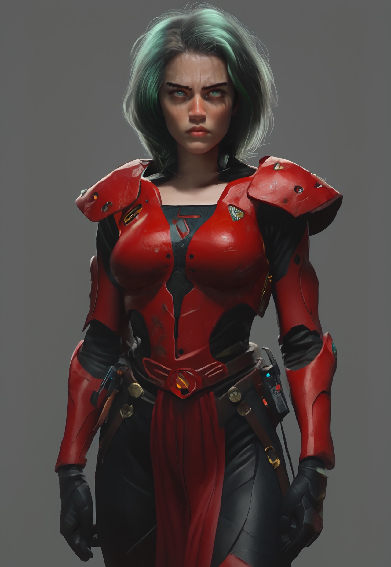 safe_pos, safe_pos, safe_pos, (gray background:1.5), (no objects in background), simple background, Aeldari armor, streamlined armor, full body armor, power armor
BREAK (Camilla_SS, 1girl, solo, standing, cowboy shot, green hair, hazel eyes, large breasts, dark skin, come hither), score_9, score_8_up, score_7_up, score_6_up, 