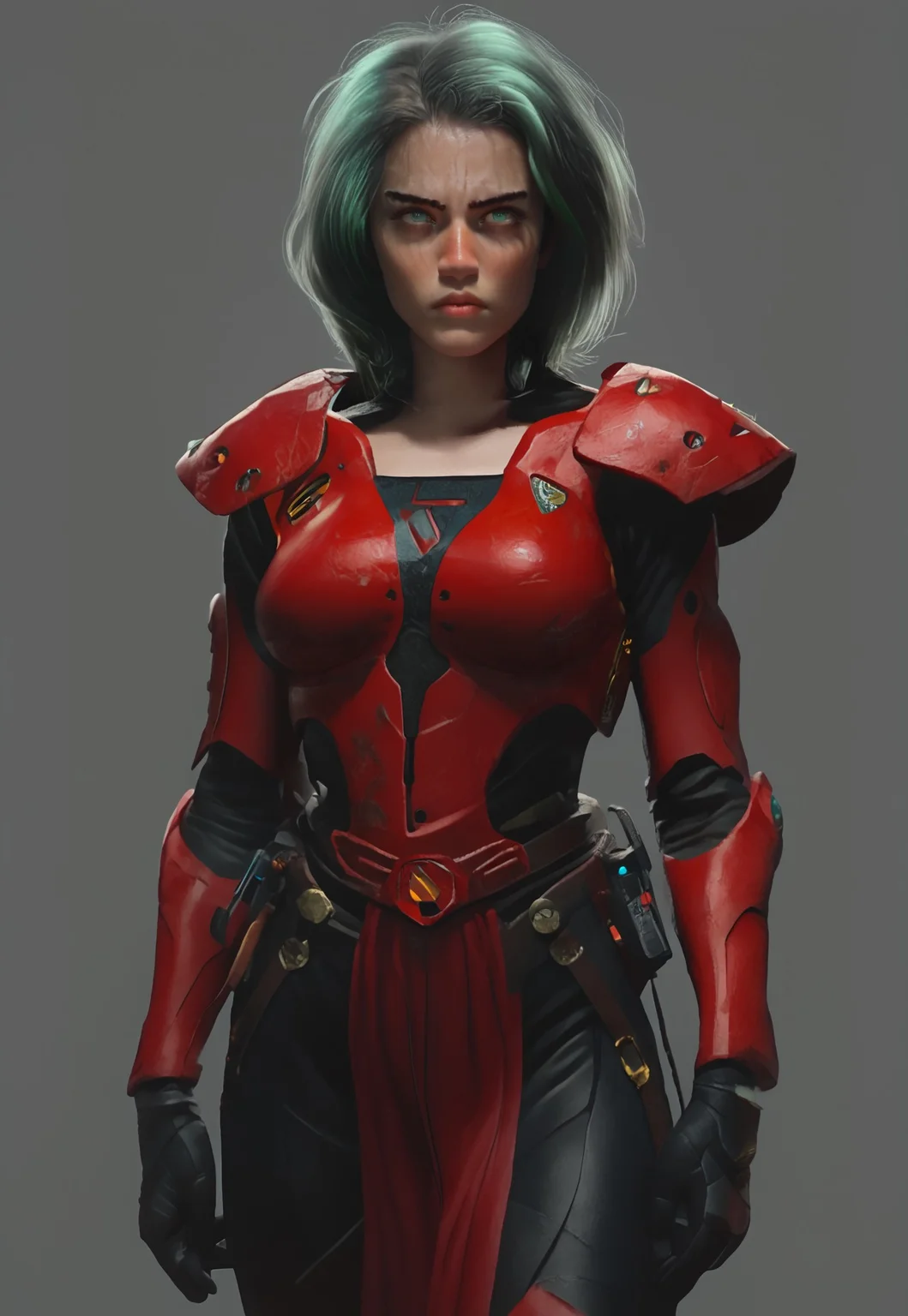 safe_pos, safe_pos, safe_pos, (gray background:1.5), (no objects in background), simple background, Aeldari armor, streamlined armor, full body armor, power armor
BREAK (Camilla_SS, 1girl, solo, standing, cowboy shot, green hair, hazel eyes, large breasts, dark skin, come hither), score_9, score_8_up, score_7_up, score_6_up,