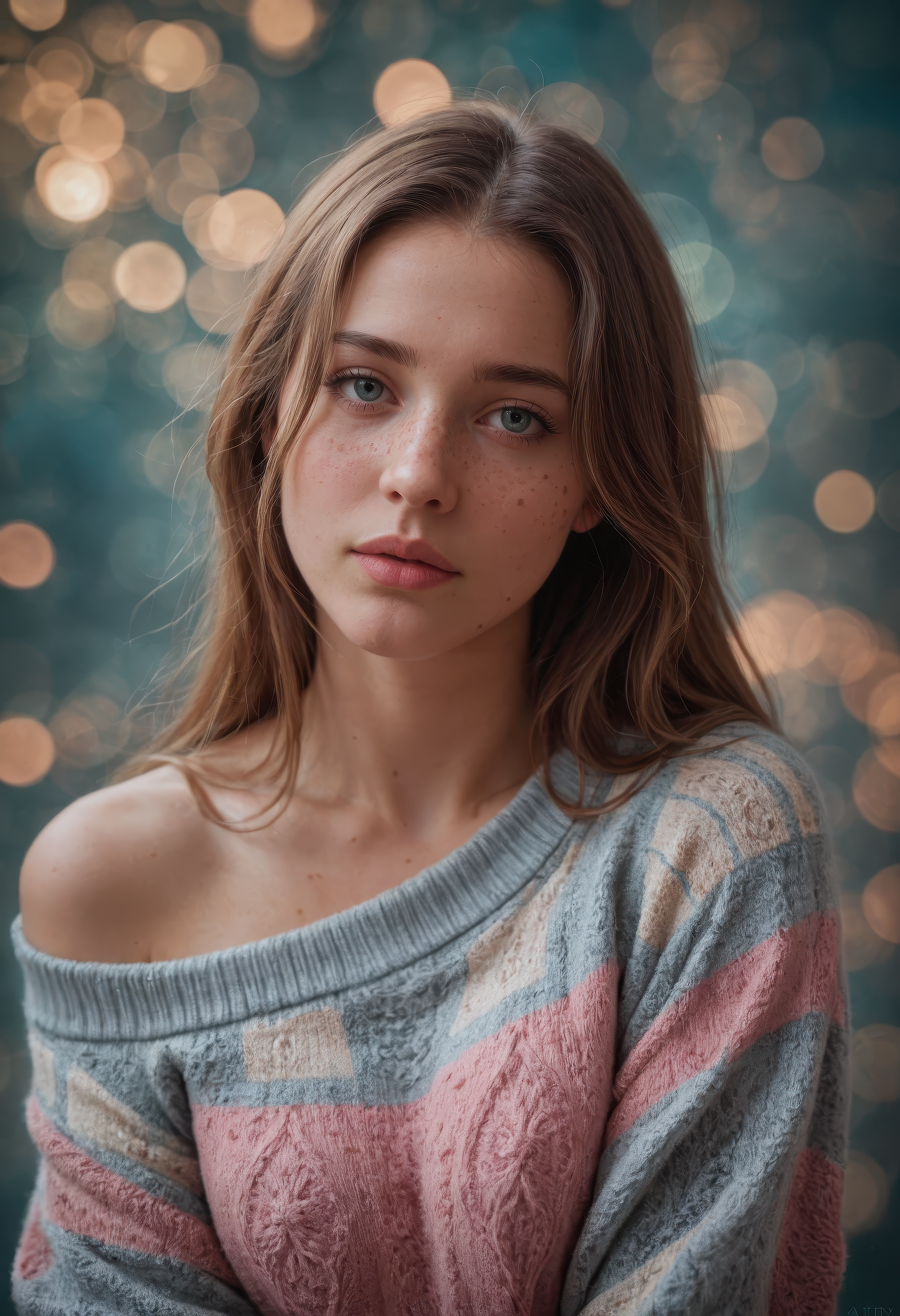 score_9, score_8_up, score_7_up, (masterpiece, best quality, ultra-detailed, realistic), 1girl,mysterious girl with freckles,an exotic girl in off-shoulder sweater,fading backlit background,pastel colors,alluring goddess,amazing depth,double exposure,surreal,geometric patterns,intricately detailed,bokeh,perfect balanced,deep fine borders,artistic photorealism,smooth