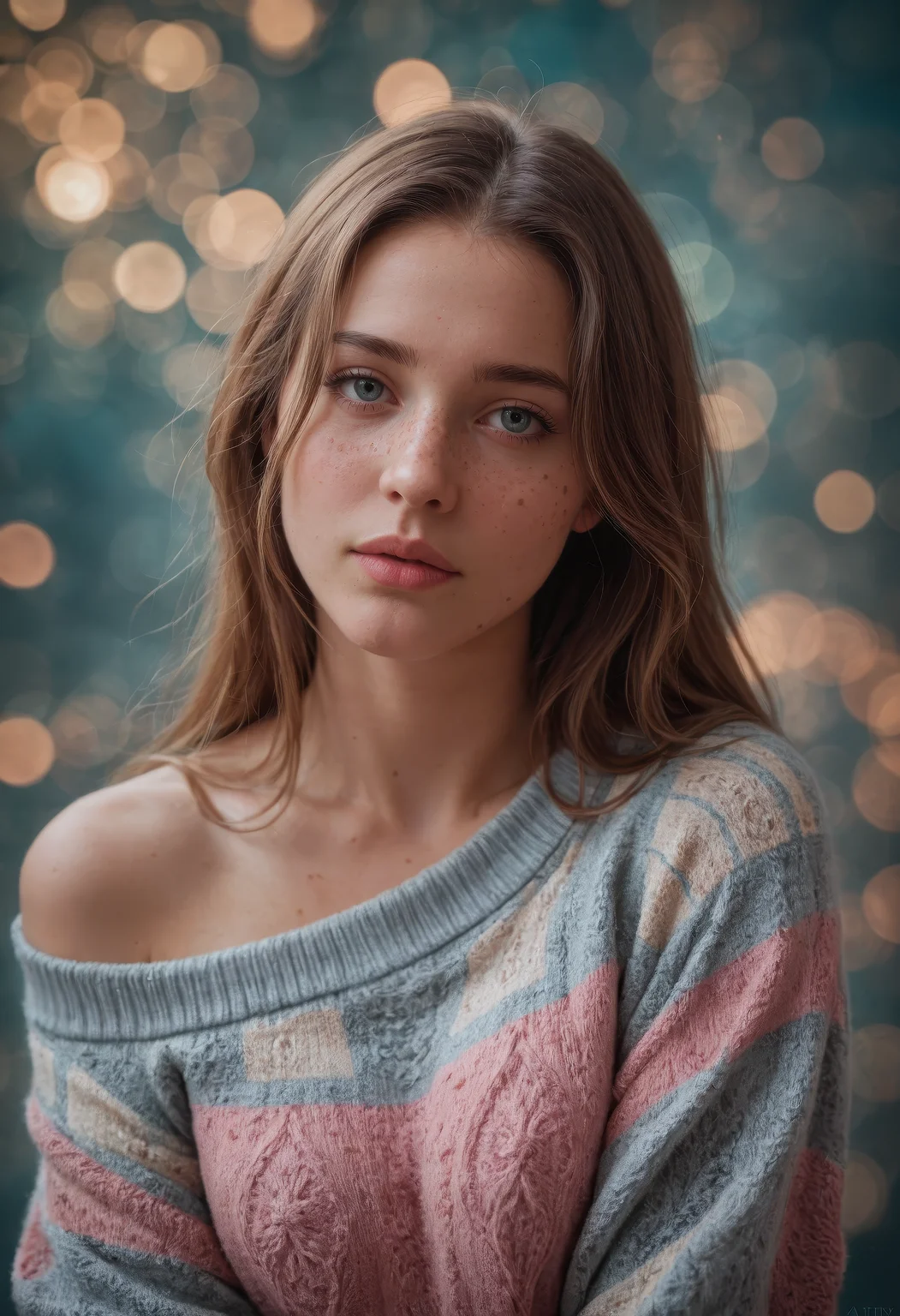 score_9, score_8_up, score_7_up, (masterpiece, best quality, ultra-detailed, realistic), 1girl,mysterious girl with freckles,an exotic girl in off-shoulder sweater,fading backlit background,pastel colors,alluring goddess,amazing depth,double exposure,surreal,geometric patterns,intricately detailed,bokeh,perfect balanced,deep fine borders,artistic photorealism,smooth