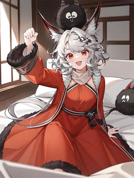 masterpiece,best quality,indoors,bed,sit,punching at viewer,
<lora:limaopan_xl:0.8>,limaopan,wuhuamixin,1girl,red eyes,animal ears,dress,open mouth,grey hair,on head,solo,long sleeves,creature,animal on head,animal ear fluff,orange dress,hair ornament,fur trim,:d,blush,open clothes,looking at viewer,