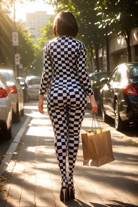 score_9,score_8_up,score_7_up, cinematic dynamic photo, realistic 1girl, wearing checked bodysuit, full bodysuit, black hair,small ass, big breasts, very slender, ch3ck, from behind, walking down Rodeo Drive, carrying shopping bags, high heels, <lora:Checked_Boy_Suit_-_Panache:1> <lora:Dramatic Lighting Slider:3> 50mm, cinematic 4k epic detailed 4k epic detailed photograph shot on kodak detailed cinematic hbo dark moody, 35mm photo, grainy, vignette, vintage, Kodachrome, Lomography, stained, highly detailed