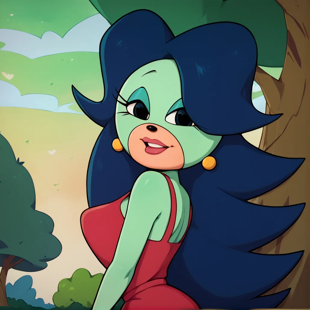 score_9, score_8_up, score_7_up, score_6_up, score_5_up, score_4_up, BREAK, <lora:Breezie_the_hedgehog:1>, breeziethehedgehog, red dress, outside, trees, clouds, park, makeup, looking at viewer, long hair, furry female, green fur, dark blue hair,