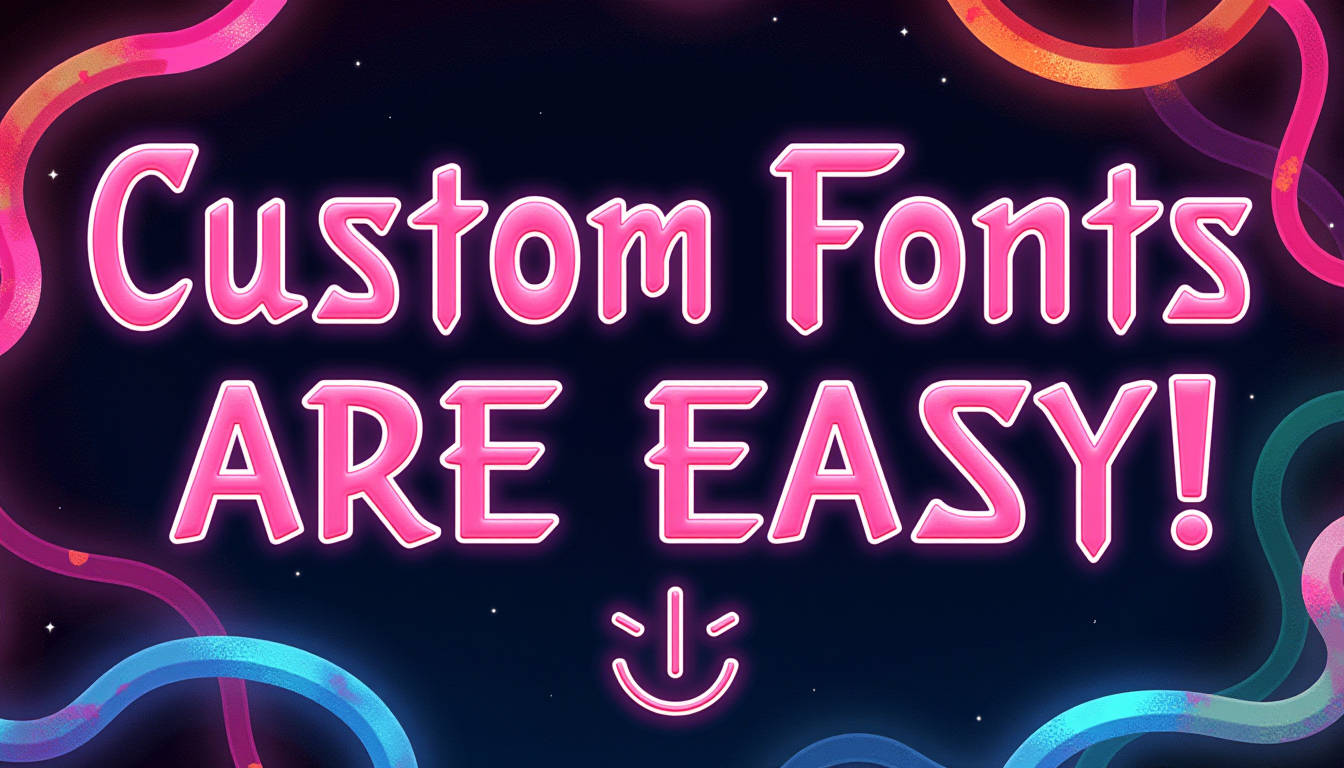 <lora:SC2Font:0.5>A SC2StyleFont text that says "Custom Fonts are easy!" in Rosy Pink letters, over a colorful neon, Cosmic interweaving background. Under the text, draw an icon that captures the meaning of the words