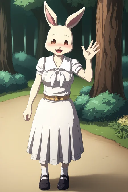 score_9, score_8_up, score_7_up, score_6_up, BREAK, HaruBPXL, anthro furry, furry female, body fur, white fur, brown eyes, animal ears, rabbit ears, medium breasts, white dress, white neckerchief, short sleeves, belt, white skirt, white socks, black shoes, solo, full body, standing, waving, seductive smile, looking at viewer, naughty face, nose blush, forest, tree <lora:HaruBPXL:1>