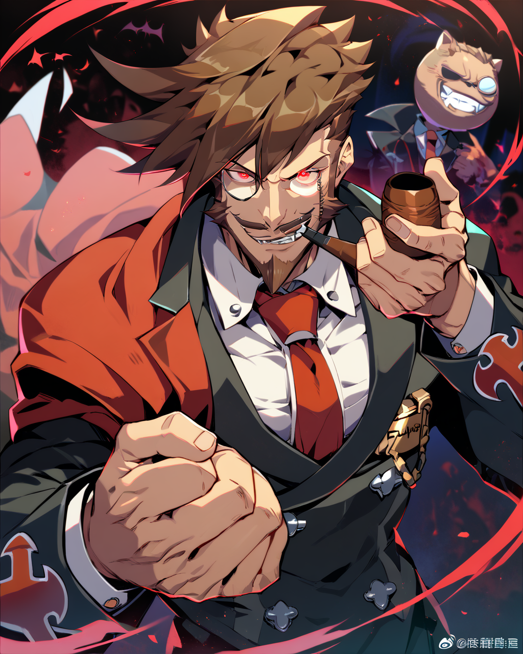 1boy, male focus, Slayer, guilty gear, score_9, score_8_up, score_7_up, score_6_up,  <lora:Slayer_from_Guilty_Gear:1>, solo, brown hair, smoking pipe, monocle, facial hair, mature male, vampire, smirk, tie, looking at viewer, toned, athletic, fit, fang, pipe, short hair, slicked to the side hair, mustache, male focus, best quality, amazing quality, best aesthetic, absurdres, smirk, evil smile, red eyes, glowing eyes, seductive, dandy, <lora:aesthetic_anime_v1s:0.4>, <lora:xl_more_art-full_v1:0.5> <lora:EpicF4nta5yXL:0.5>, (punching), (bare chest, pecs),