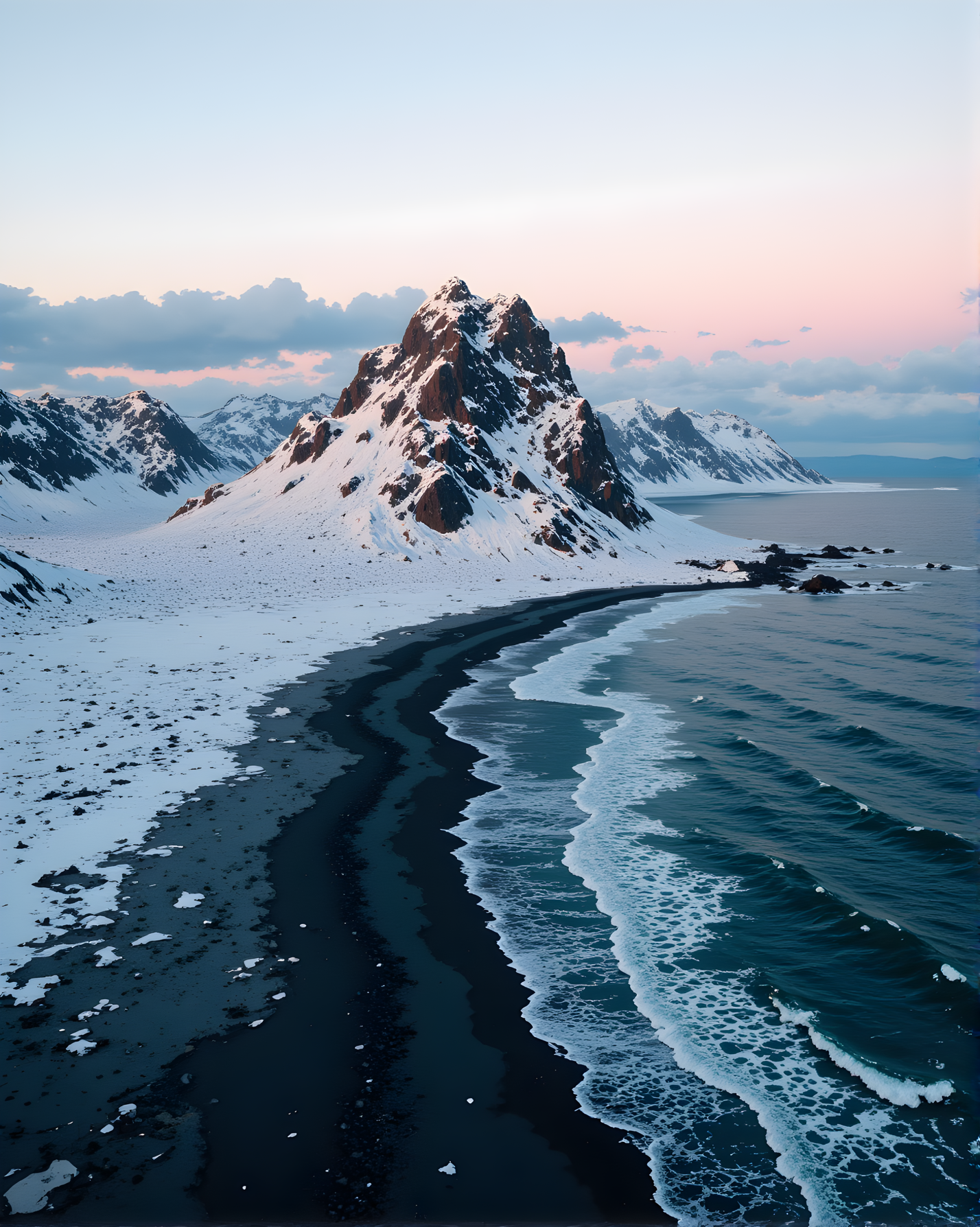 A breathtaking aerial view of a rugged, snow-covered mountain range that meets the ocean. The central peak is particularly striking, with its jagged, rocky face partially blanketed in snow. The surrounding landscape features a mix of icy terrain and dark volcanic sand beaches, creating a stark contrast between the white snow and the deep blue water. The ocean waves gently lap against the shore, leaving intricate patterns on the wet sand. The sky above is painted with soft hues of pink and orange, suggesting either sunrise or sunset, which adds a serene and almost ethereal quality to the scene. The overall composition is both dramatic and tranquil, showcasing the raw beauty of this remote and pristine environment.
j_art, anime, anime art, <lora:FLUX\jul\J_Anime:0.8>, <lora:FLUX\RealAnime:0.8>