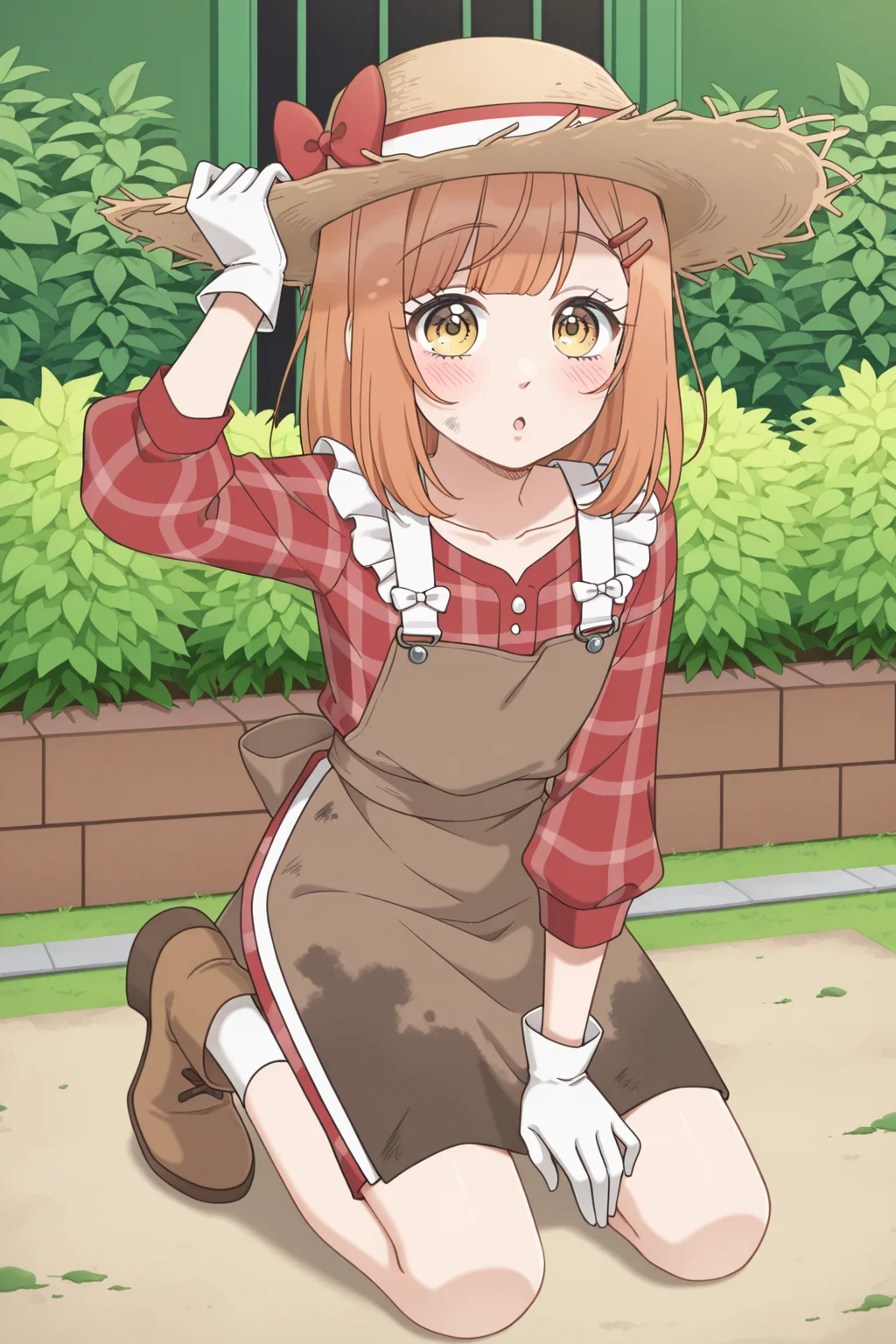 <lora:HoneyLemonSoda:1>, HoneyLemonSoda, 1girl, solo, hat, gloves, apron, hair ornament, kneeling, looking at viewer, holding, :o, socks, plaid shirt, bow, shirt, plaid, overalls, brown footwear, collarbone, red shirt, ribbon, hairclip, blush, brown apron, boots, dirty, dirty clothes, full body, red bow, hair bow, long sleeves, frills, white gloves, parted lips, white socks, skirt, white bow, vegetable, straw hat, red ribbon, hand on headwear, outdoors, garden,