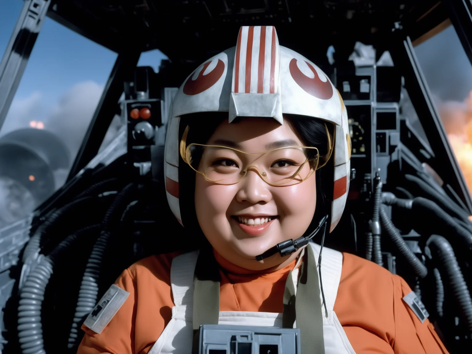 cockpit view,fat asian woman in rebel pilot suit,smiling,helmet,googles,explosions<lora:RebelpilotXL:0.8>