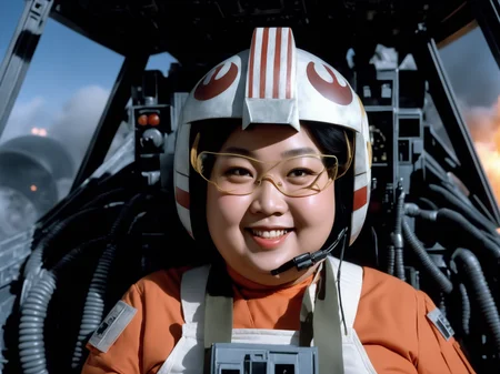 cockpit view,fat asian woman in rebel pilot suit,smiling,helmet,googles,explosions<lora:RebelpilotXL:0.8>