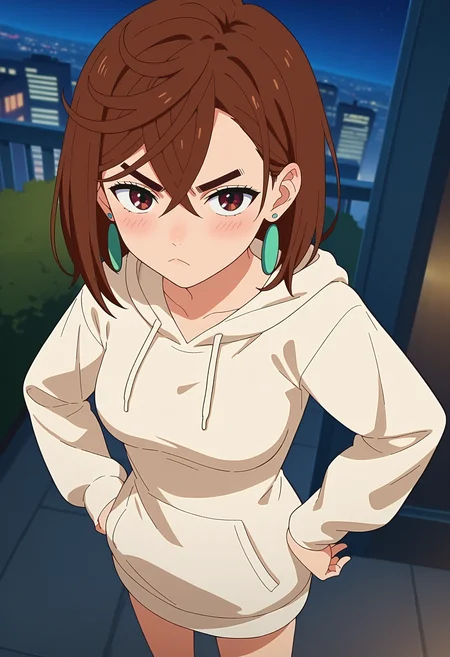 score_9, score_8_up, score_7_up, anime screencap, source_anime, 1girl, solo,
<lora:Momo_Ayase_Dandadan_V2:.85>, KJOmomo, brown hair, brown eyes, medium hair, hair between eyes, thick eyebrows, earrings,
hoodie, oversized clothes, long sleeves,
standing, hands on hips, pout, looking at viewer, blush, dutch angle, from above,
city, night,
(Beautiful, medium Breasts:1.2),