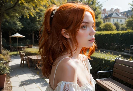 Upper body photo of Amber_nobody, a 24 year Caucasian woman with orange Ginger hair and blue eyes. She is sitting on a bench in an outdoor park as other people walk by