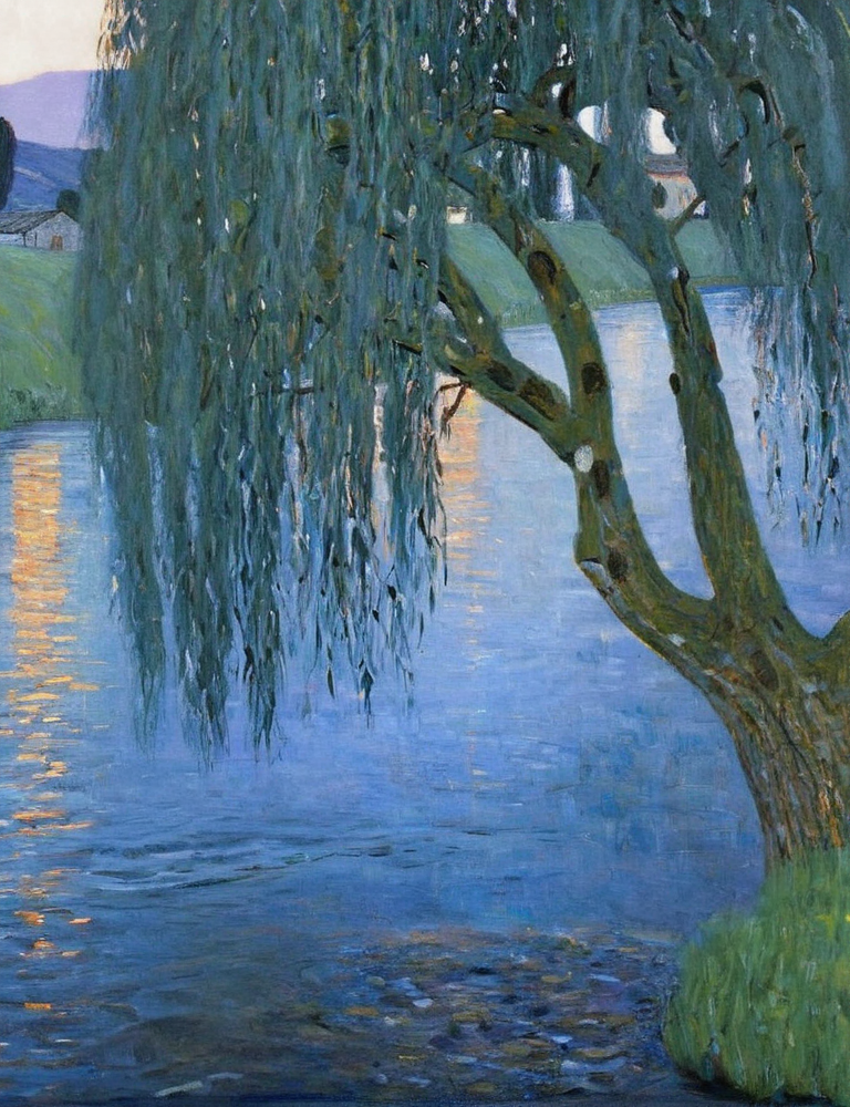 a painting of a willow tree overhanging a river at dusk, fish in the river <lora:Gustav_Klimt_XL_kk:1> klimt