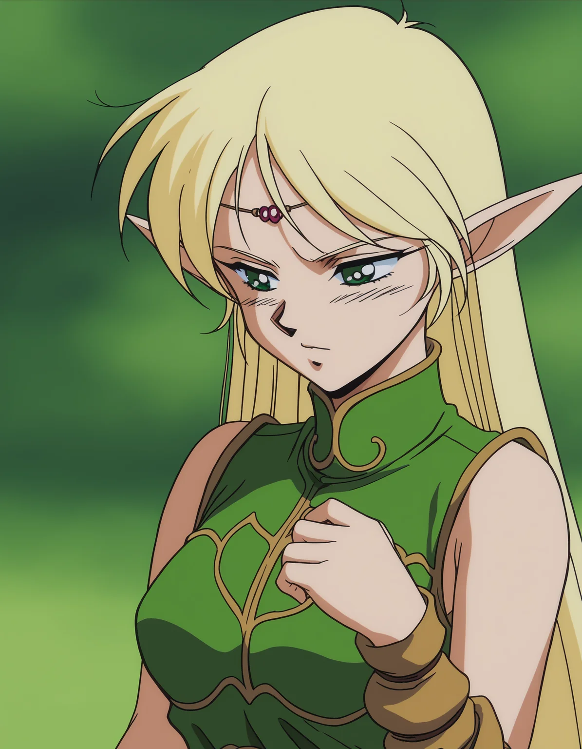 score_9, score_8_up, score_7_up, score_6_up, anime screencap, retro artstyle, 1990s \(style\), anime coloring, highly detailed, deedlit, blonde hair, very long hair, green eyes, elf, pointy ears, medium breasts, circlet, sleeveless, green dress, short dress, brown bracers, upper body, <lora:Deedlit (3):0.8>