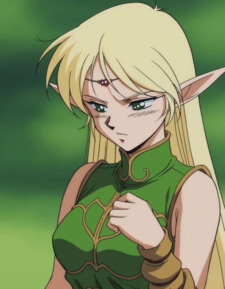 score_9, score_8_up, score_7_up, score_6_up, anime screencap, retro artstyle, 1990s \(style\), anime coloring, highly detailed, deedlit, blonde hair, very long hair, green eyes, elf, pointy ears, medium breasts, circlet, sleeveless, green dress, short dress, brown bracers, upper body, <lora:Deedlit (3):0.8>