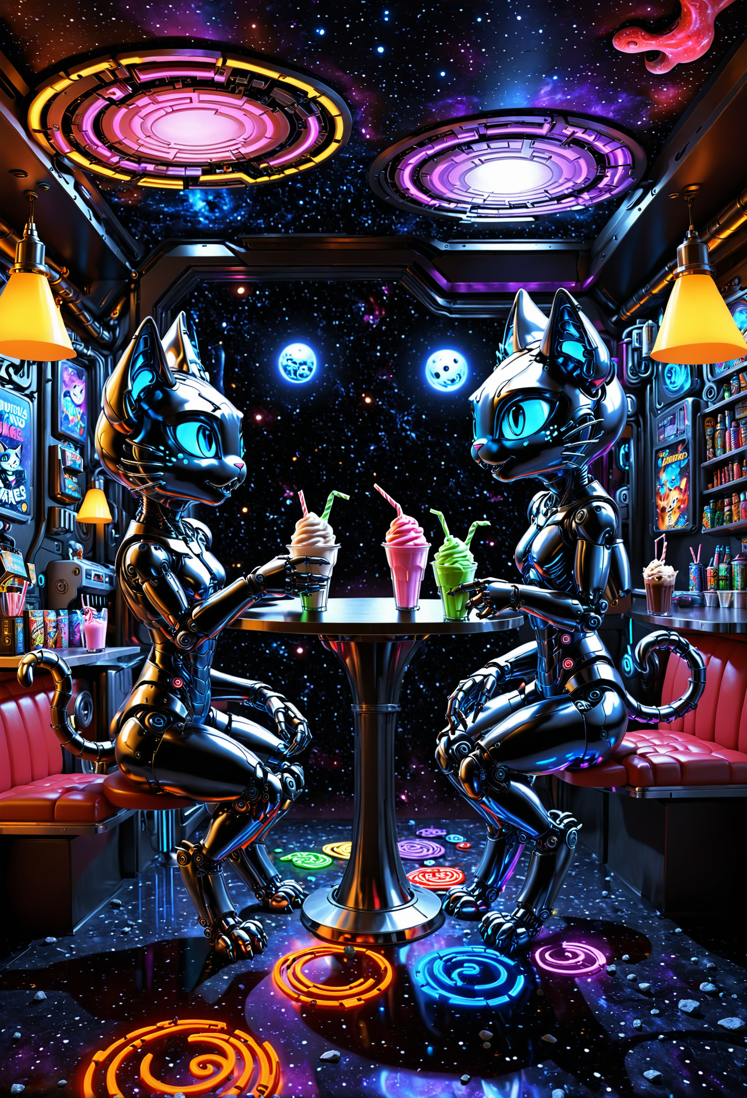 Jed-Rbmls, novuschroma69 dual dichotomy Dual Realities, two mirrored cafés in space, vibrant neon café, dark eerie café, space cats sipping glowing milkshakes, shadowy alien creatures drinking dark cosmic brews, mirrored environments, swirling galaxies, black holes, planets made of yarn, crumbling asteroids, retro furniture vibrant colors, gothic space decor, glowing lighting, shadowed lighting, playful atmosphere, ominous atmosphere, split down the middle, dynamic composition, vintage comic book style, <lora:Robomals:1>, <lora:novuschroma69 dual:0.8>,  <lora:colorify:0.5>,  <lora:SDXLHighDetail_v5:0.3>