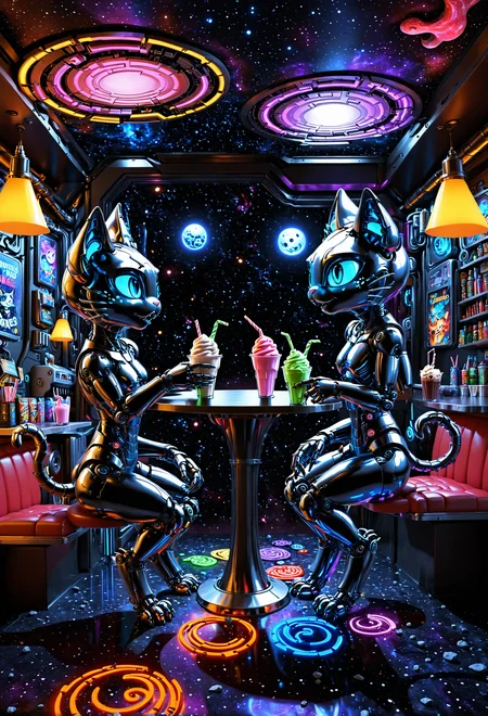 Jed-Rbmls, novuschroma69 dual dichotomy Dual Realities, two mirrored cafés in space, vibrant neon café, dark eerie café, space cats sipping glowing milkshakes, shadowy alien creatures drinking dark cosmic brews, mirrored environments, swirling galaxies, black holes, planets made of yarn, crumbling asteroids, retro furniture vibrant colors, gothic space decor, glowing lighting, shadowed lighting, playful atmosphere, ominous atmosphere, split down the middle, dynamic composition, vintage comic book style, <lora:Robomals:1>, <lora:novuschroma69 dual:0.8>,  <lora:colorify:0.5>,  <lora:SDXLHighDetail_v5:0.3>