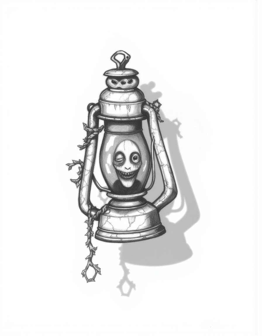 Halloween_Art_Style_Concept, A pencil drawing of an old, cracked lantern floating in the air. Inside, instead of a flame, a ghostly face peers out with wide, hollow eyes and an eerie, faint smile. Vines and cobwebs wrap around the handle, adding to its haunted, abandoned look. Shadows from the lantern cast long, creepy shapes around it.