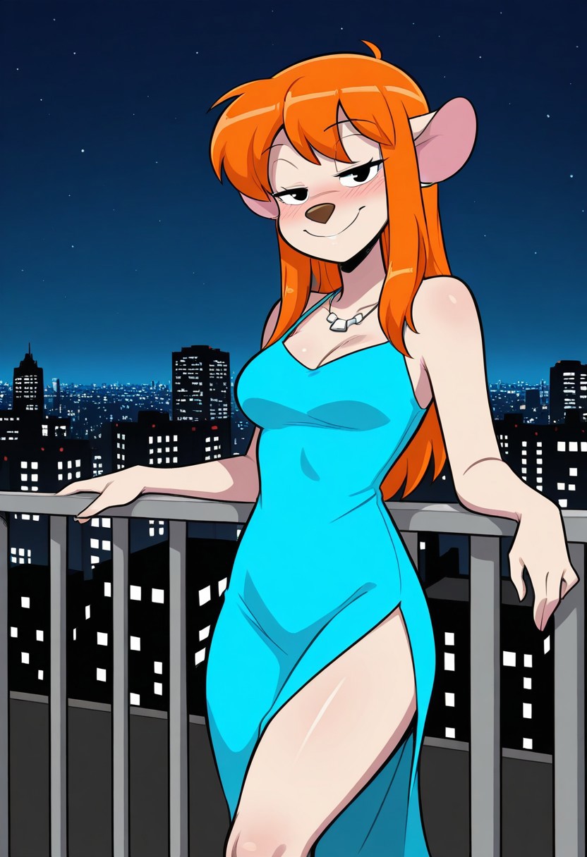 score_9,score_8_up,score_7_up,score_6_up,best quality,masterpiece, background is balcony, city skyline, outside, night, 1girl, solo,
BREAK
pistolpete, furry female, animal ears, orange hair, long hair, looking at viewer, black eyes, medium breasts, long dress, split dress, thighs, blush, half-closed eyes, necklace,