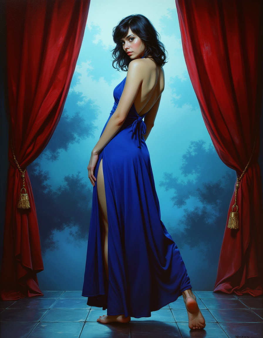 in the style of cksc, 

dark fantasy aesthetic. , digital artwork of a futuristic, natural colors, , epic.  luminescence, ultra realistic, hyper detailed, soft lighting , (Frank Frazetta), epic scale.
(detailed digital painting, detailed oil painting).


 ( full-height portrait). woman in a blue dress , black hair, aesthetic pose, full dressed, barefoot.. A seductive look. There are dark red velvet curtains and fog in the background.....
 
masterpiece, best quality,  medium-format camera,  high-contrast, dramatic lighting, striking composition,  

 The overall composition feels cinematic, CPA, Sergey Marshennikov art
