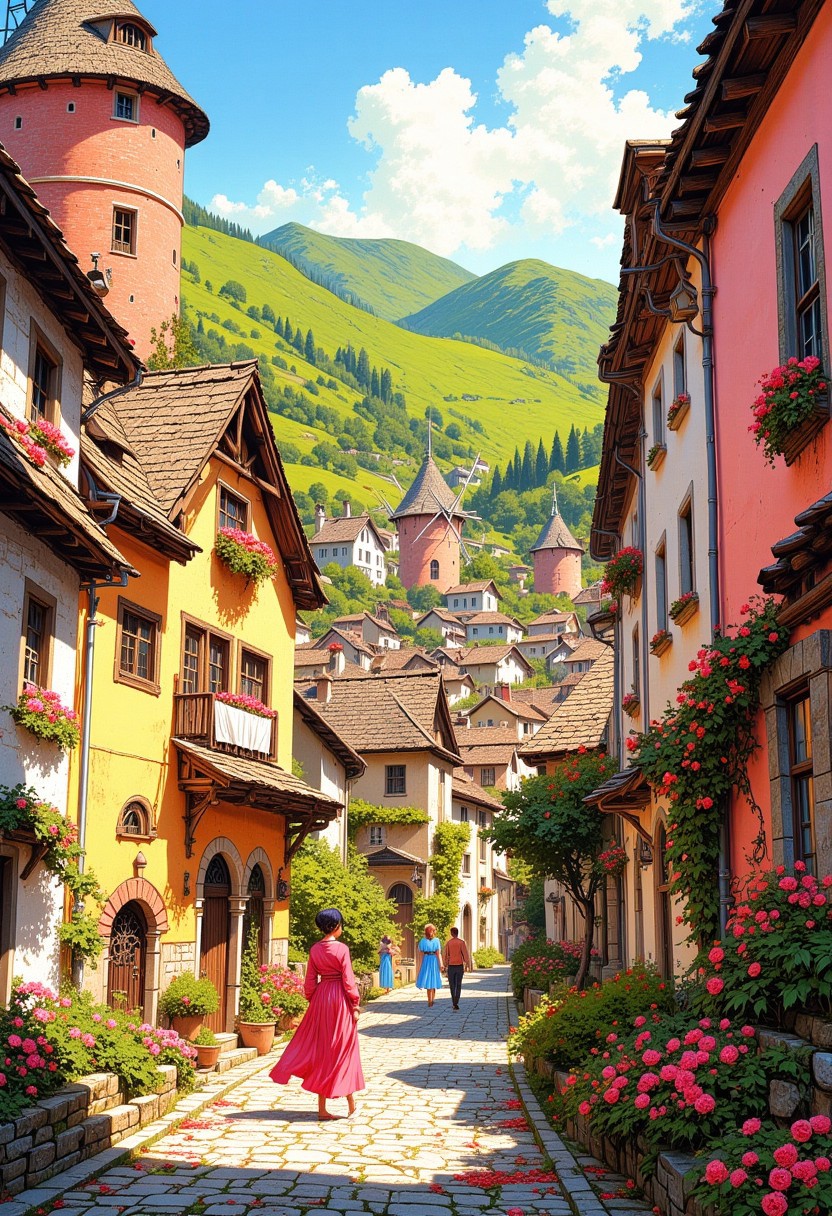 A vibrant fantasy village nestled in a serene valley, brush strokes, bright fantasy style, designed in a whimsical, fairy-tale architectural style with rounded, pastel-colored buildings featuring thatched and shingled roofs. The walls of the homes are painted in soft pinks, warm yellows, and bright whites, glowing warmly under a gentle golden sun. beautiful vast sky, The streets are paved with cobblestones and lined with blooming flowerbeds in matching hues, with vines of pink roses climbing over ornate, wooden window frames. Towering pastel windmills and charming cottages with heart-shaped windows dot the landscape, while villagers in flowing, colorful garments bustle happily. In the background, rolling green hills rise gently, crowned by a clear, radiant sky, creating a magical, picturesque atmosphere.