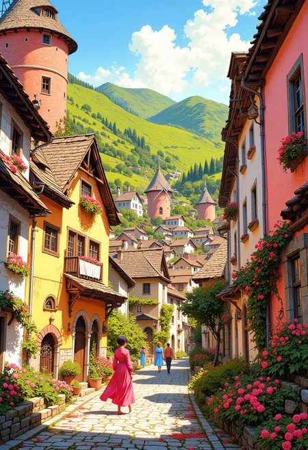 A vibrant fantasy village nestled in a serene valley, brush strokes, bright fantasy style, designed in a whimsical, fairy-tale architectural style with rounded, pastel-colored buildings featuring thatched and shingled roofs. The walls of the homes are painted in soft pinks, warm yellows, and bright whites, glowing warmly under a gentle golden sun. beautiful vast sky, The streets are paved with cobblestones and lined with blooming flowerbeds in matching hues, with vines of pink roses climbing over ornate, wooden window frames. Towering pastel windmills and charming cottages with heart-shaped windows dot the landscape, while villagers in flowing, colorful garments bustle happily. In the background, rolling green hills rise gently, crowned by a clear, radiant sky, creating a magical, picturesque atmosphere.
