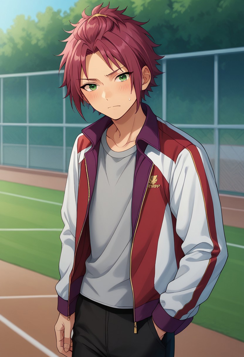 score_9, score_8_up, score_7_up, source_anime, highly detailed, 
maoisara, 1boy, male focus, green eyes, solo, jacket, grey shirt, looking at viewer, pants, open jacket, shirt, purple hair, open clothes, red jacket,
sweatdrop, bangs pinned back, practice uniform, track suit, track jacket, upper body, blush, tired,
indoor, training,