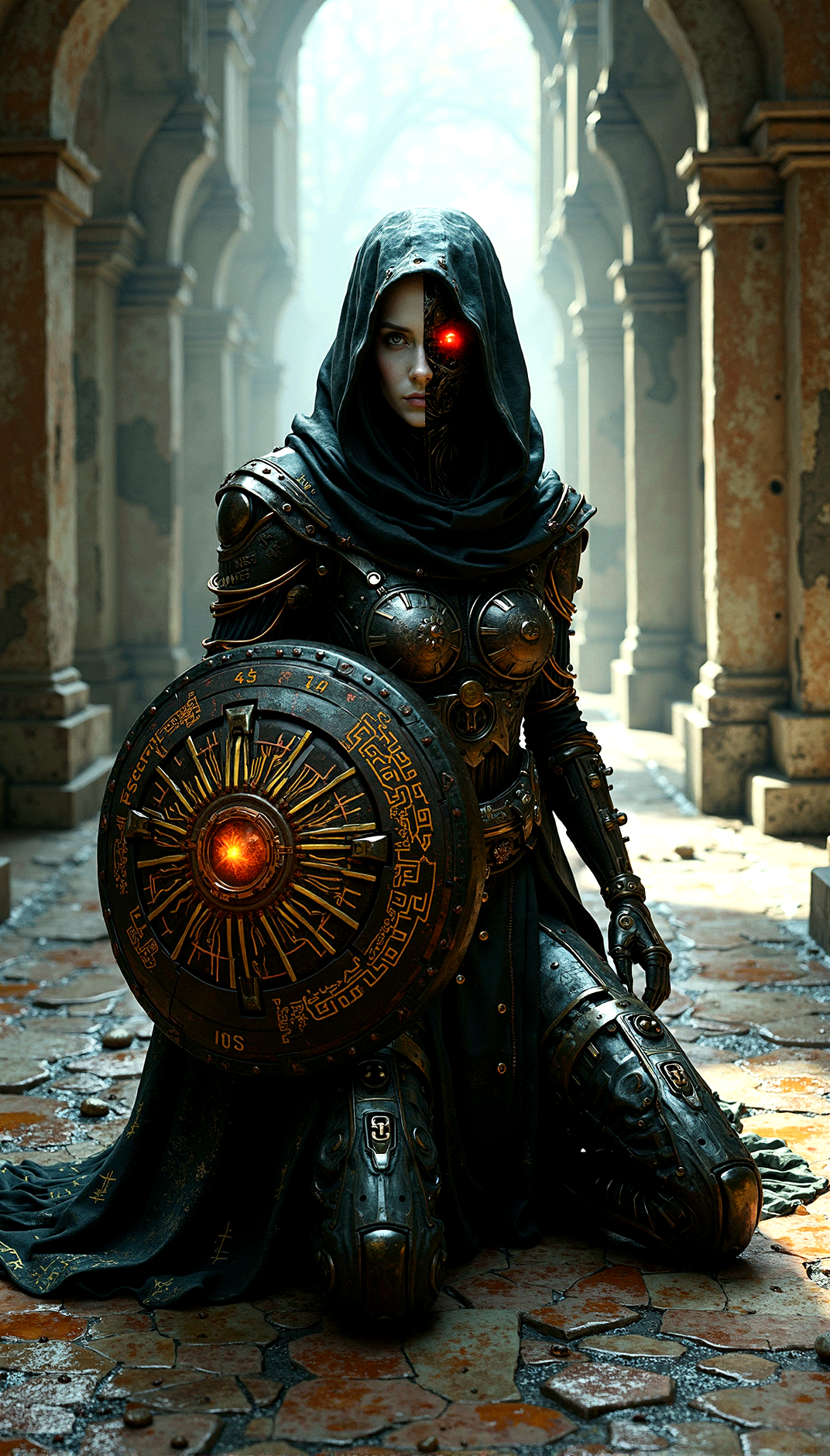 A cybernetic mystic, her face split between robotic and human features,  in an ancient, shadowed corridor. She has a glowing red eye, her hooded cloak adorned with golden circuitry patterns. Her armor, a blend of metal and glowing runes, suggests a perfect fusion of magic and technology. The digital artwork is a masterpiece of extreme realism, with perfect illumination, high contrast, and intricate, textured details.

Small pieces of debris scattered across the floor, such as broken tiles, stones, and remnants of past inhabitants.Puddles of water on the uneven floor, reflecting the faint light and adding a sense of dampness.Ornate mosaic patterns on the floor, worn and faded with age but still hinting at past glory. Occasional glimpses of the outside world through cracks or openings, showing distant landscapes or skies.

Defensive Crouch with holographic  Shield











