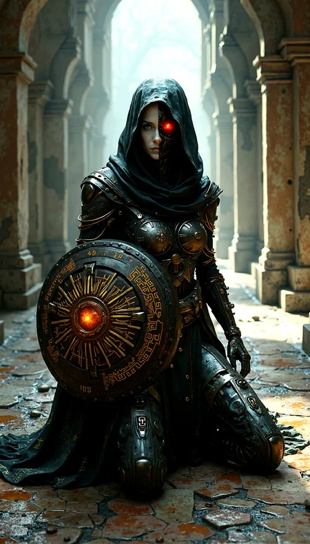 A cybernetic mystic, her face split between robotic and human features, in an ancient, shadowed corridor. She has a glowing red eye, her hooded cloak adorned with golden circuitry patterns. Her armor, a blend of metal and glowing runes, suggests a perfect fusion of magic and technology. The digital artwork is a masterpiece of extreme realism, with perfect illumination, high contrast, and intricate, textured details.
Small pieces of debris scattered across the floor, such as broken tiles, stones, and remnants of past inhabitants.Puddles of water on the uneven floor, reflecting the faint light and adding a sense of dampness.Ornate mosaic patterns on the floor, worn and faded with age but still hinting at past glory. Occasional glimpses of the outside world through cracks or openings, showing distant landscapes or skies.
Defensive Crouch with holographic Shield