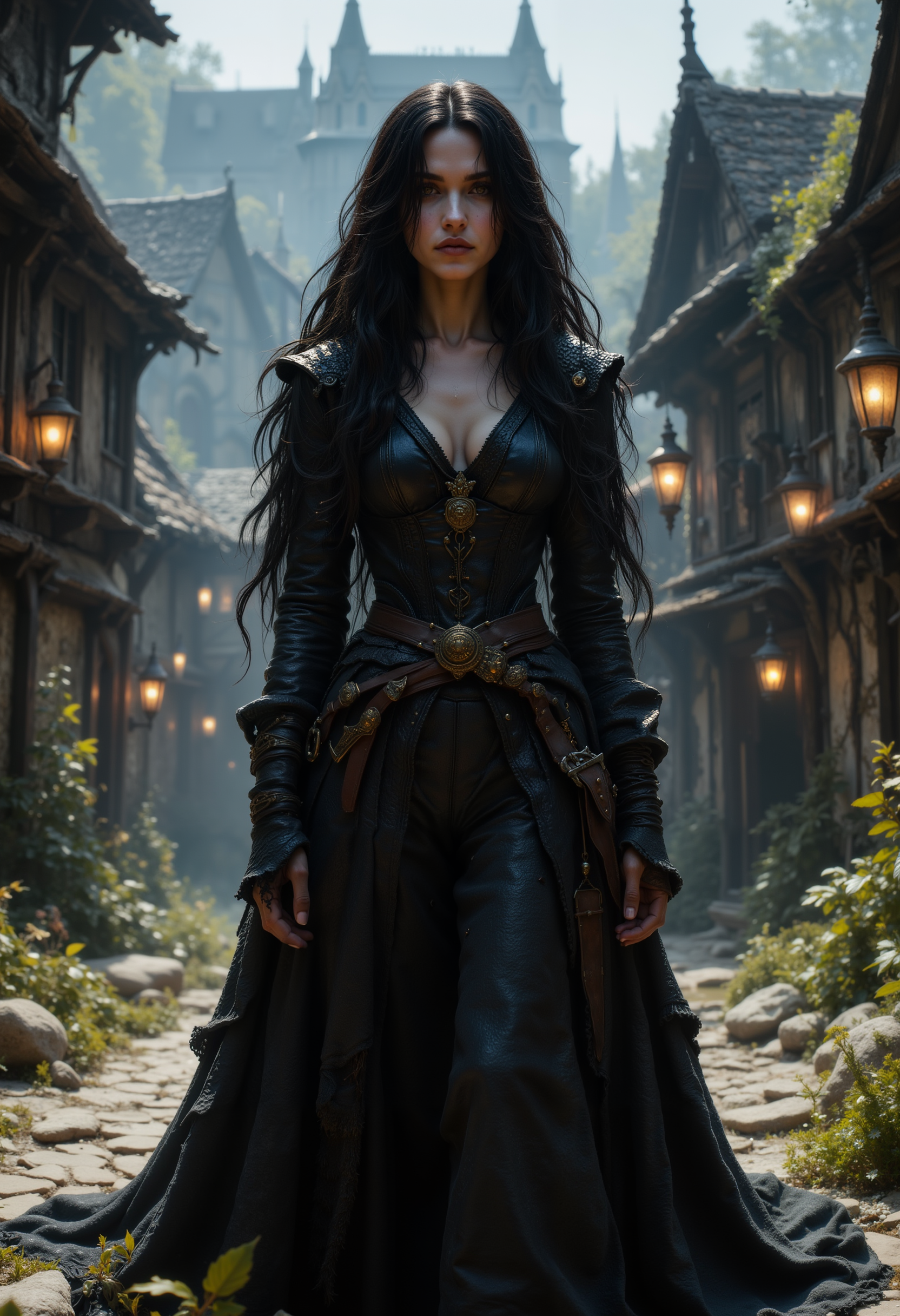 (realistic:1.2) Yennefer of Vengerberg from The Witcher, depth of field, dynamic angle, fashion photography, sharp, hyperdetailed:1.15, dynamic poses, realistic skin, realistic, bright sunlight, deep shadows, photoshoot, medieval village background, style by Greg Rutkowski, by Milo Manara and Russ Mills, with insanely intricate details and textures, gloomy dramatic lighting, 8K resolution