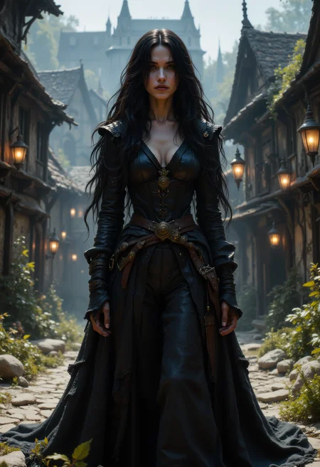 (realistic:1.2) Yennefer of Vengerberg from The Witcher, depth of field, dynamic angle, fashion photography, sharp, hyperdetailed:1.15, dynamic poses, realistic skin, realistic, bright sunlight, deep shadows, photoshoot, medieval village background, style by Greg Rutkowski, by Milo Manara and Russ Mills, with insanely intricate details and textures, gloomy dramatic lighting, 8K resolution