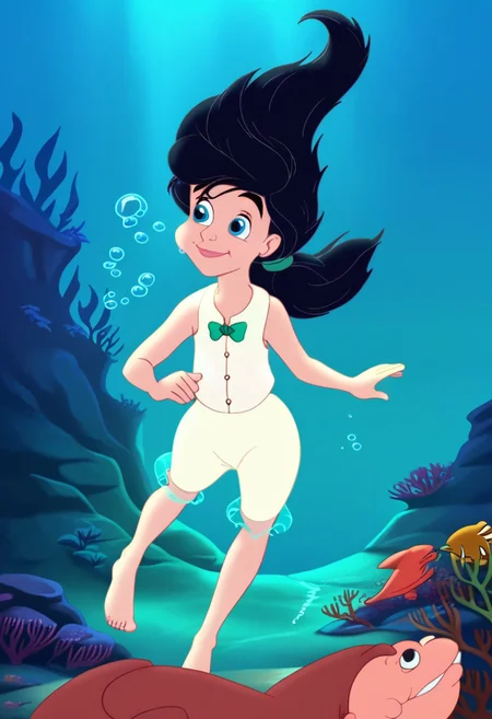 (melody), (human), (2legs), 1girl, aqua_background, anatomically_correct, aqua_eyes, (barefoot), black_hair, white_pantalettes, blue_theme, bubble, closed_mouth, coral, day, (feet), female_focus, fish_in_background, flat_chest, upright, floating, floating_hair, freediving, (full_body), green_bowtie, green_hairband, light_rays, long_hair, makeup, no_mermaids, ocean, outdoors, pursed_lips, ponytail, (puffy_cheeks, cheekpuff), reef, rock, scenery, seabed, seaweed, sleeveless, smile, solo_focus, thick_eyebrows, white_undershirt, underwater, young, (air_bubble, blowing air bubbles, air bubbles in front of face, exhaling air bubbles, bubbles in front of hair, air bubbles raising, air bubbles around face, air bubbles coming out of mouth)